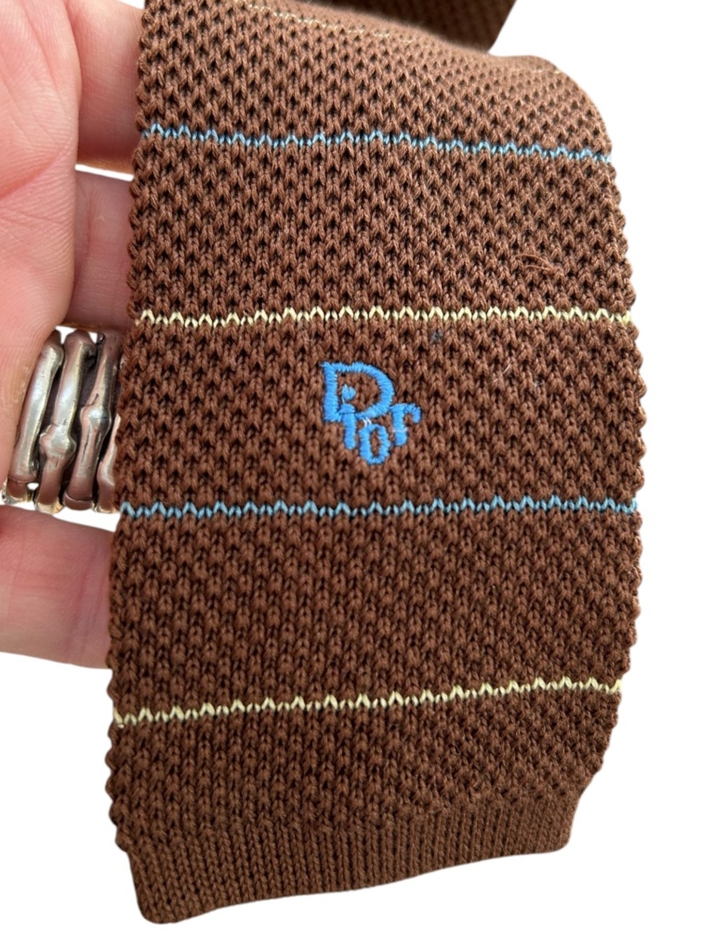 Christian Dior squared hem wool sweater brown blue stripe embroidered DIOR tie